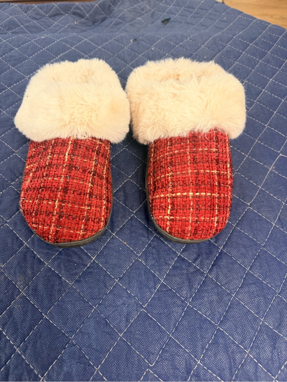 isotoner Red Tweed Faux Fur Cuff Slippers